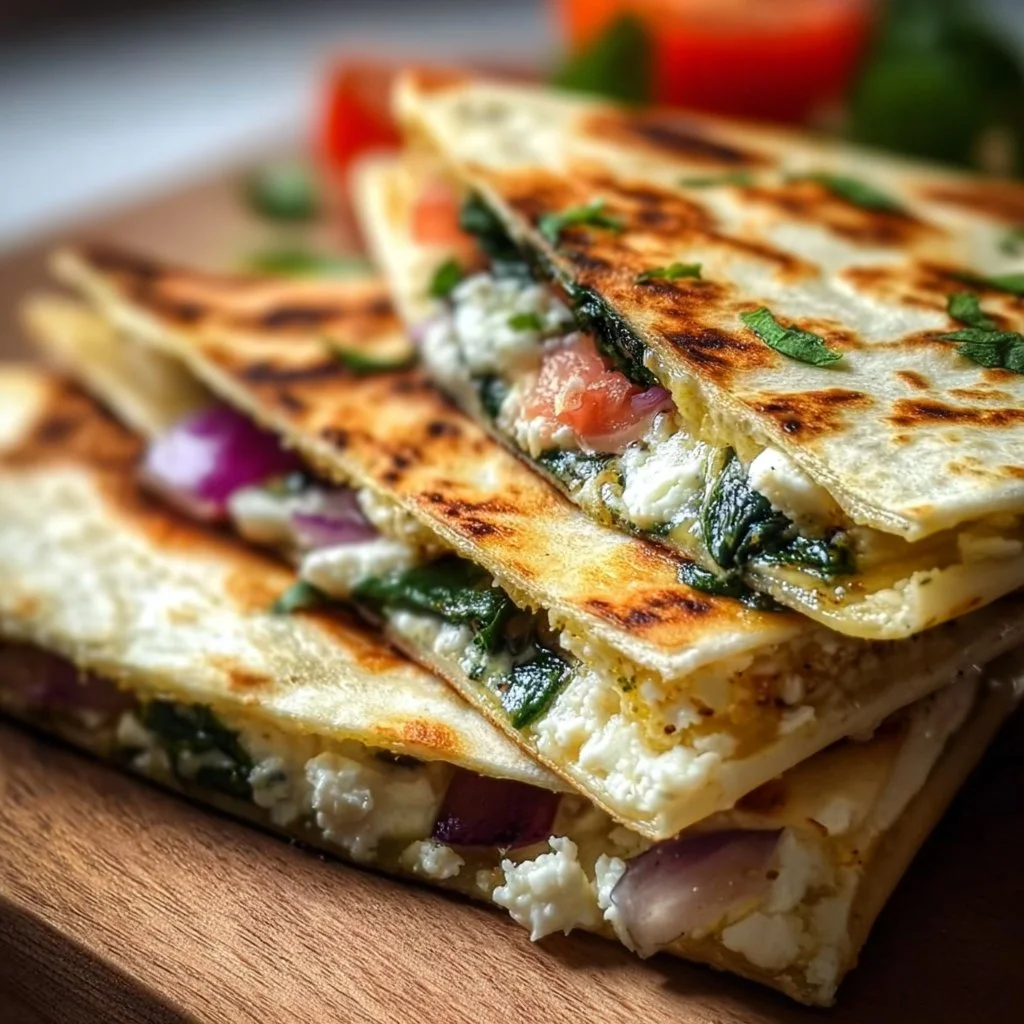 Mediterranean Quesadillas with spinach, feta, mozzarella, and red onion