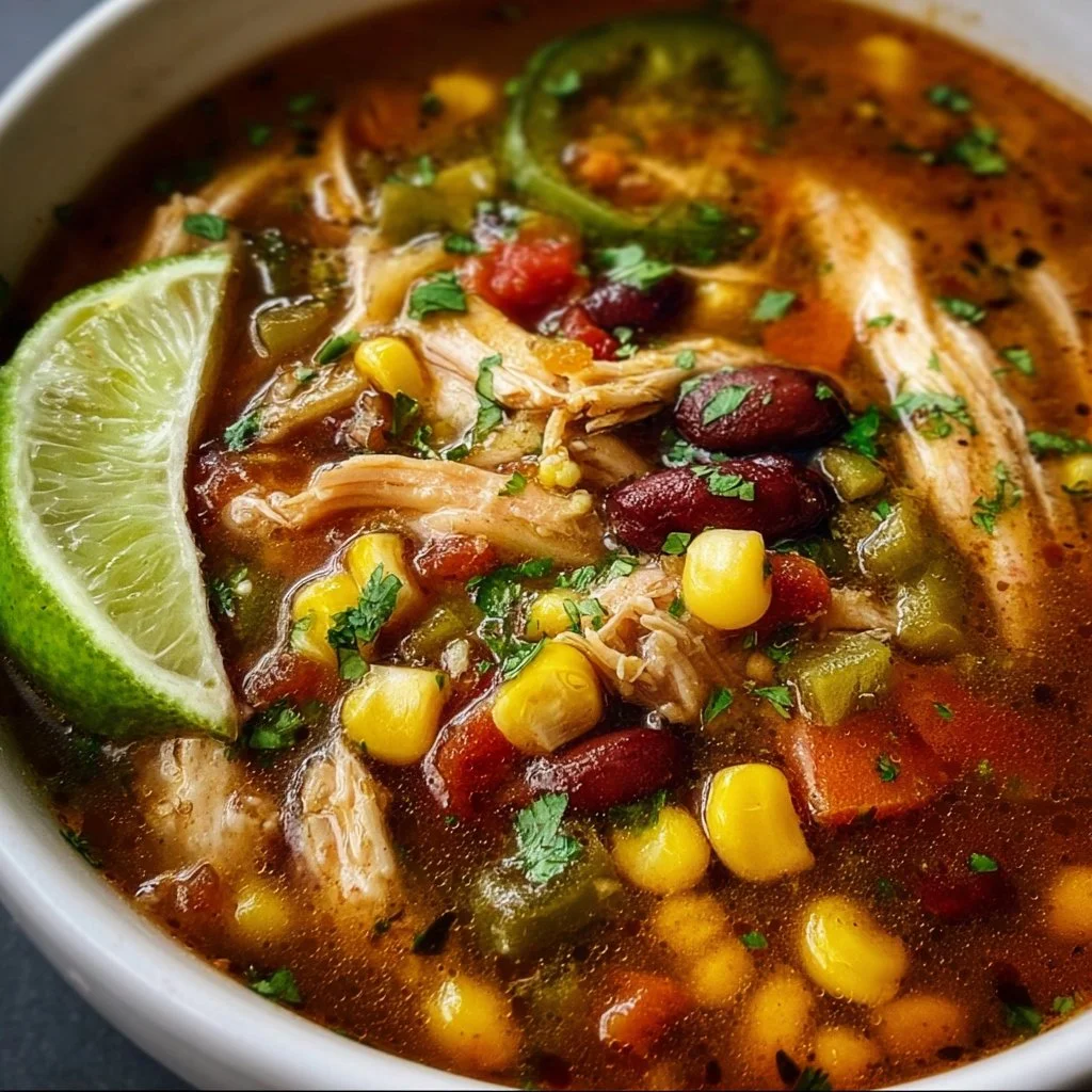 Bowl of delicious Mexican Chicken Soup garnished with cilantro and lime.