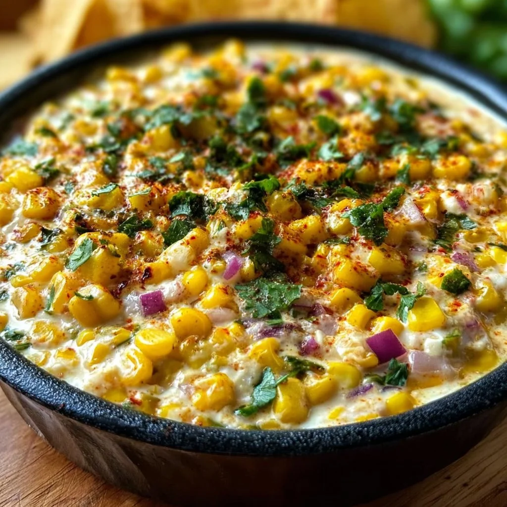 Creamy Mexican corn dip served in a bowl with tortilla chips