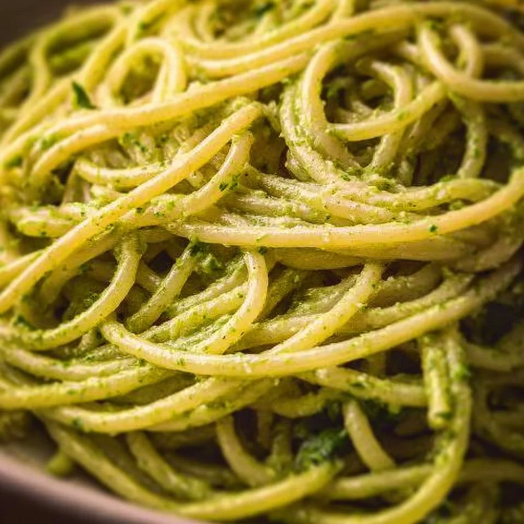 A plate of Mexican Green Spaghetti garnished with herbs and spices.