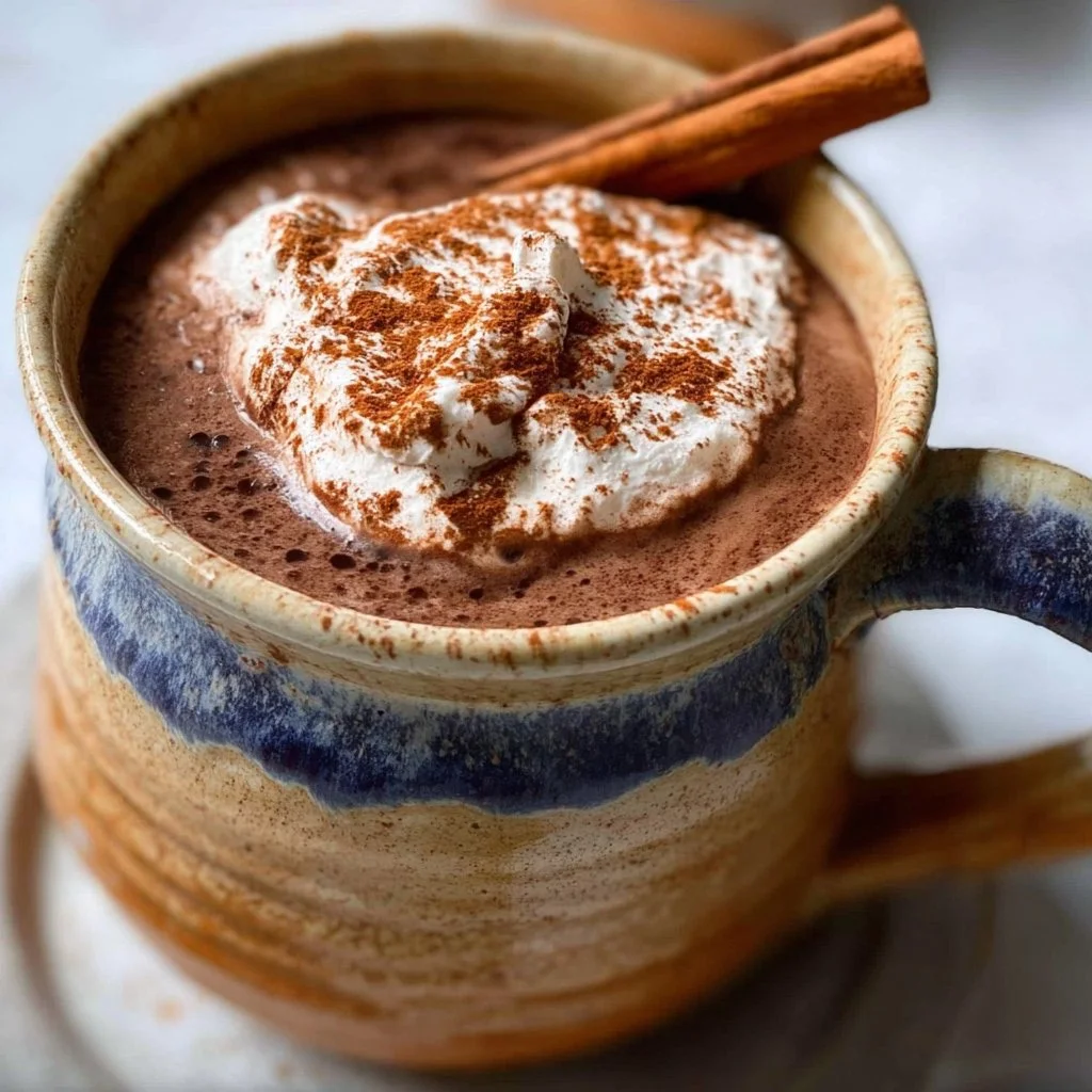 Cup of delicious Mexican Hot Chocolate topped with whipped cream and cinnamon