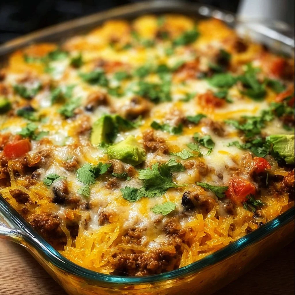 Baked Mexican spaghetti squash casserole topped with cheese and fresh herbs