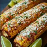 Delicious Mexican Street Corn topped with cheese and chili pepper seasoning