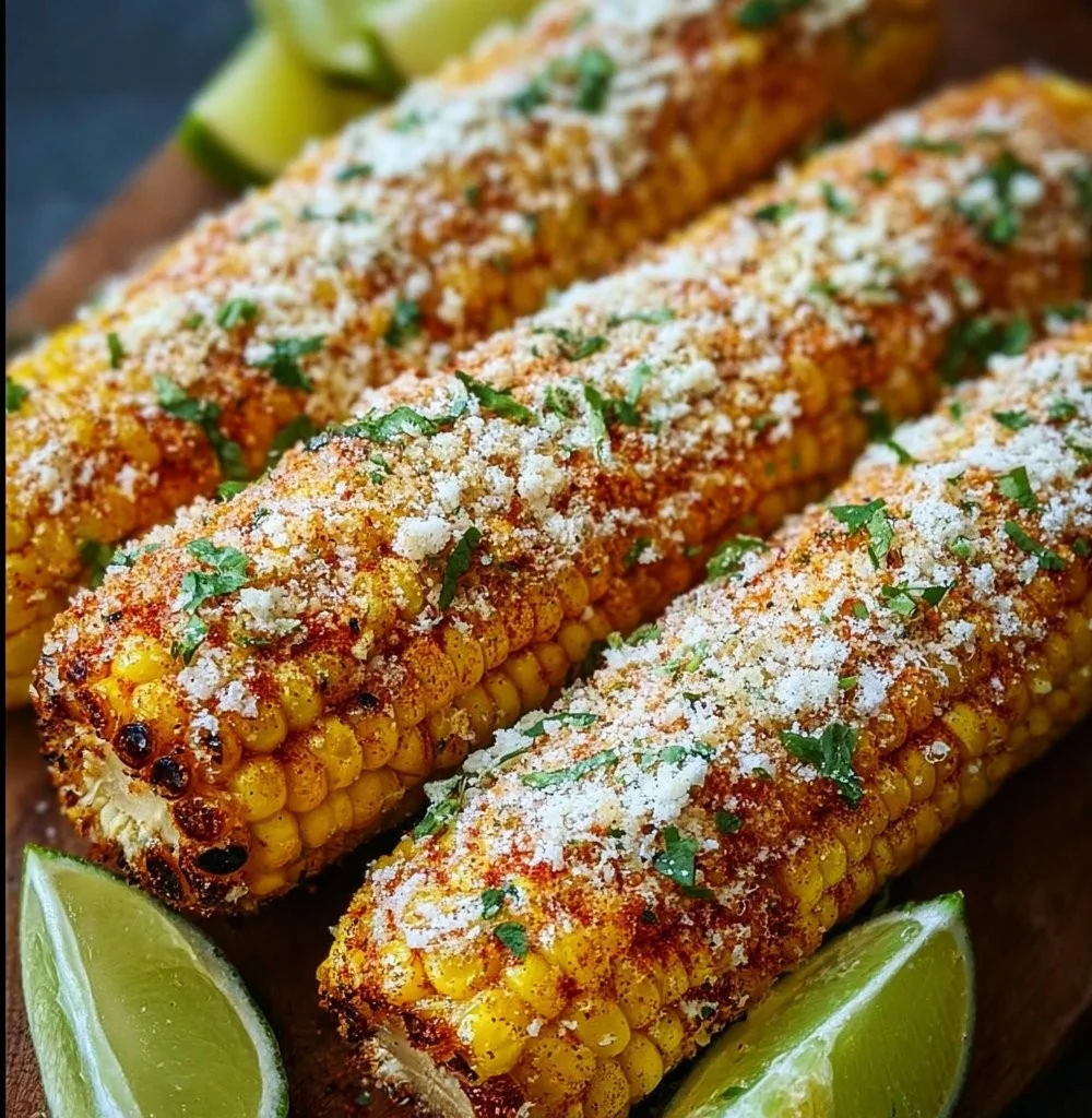 Delicious Mexican Street Corn topped with cheese and chili pepper seasoning