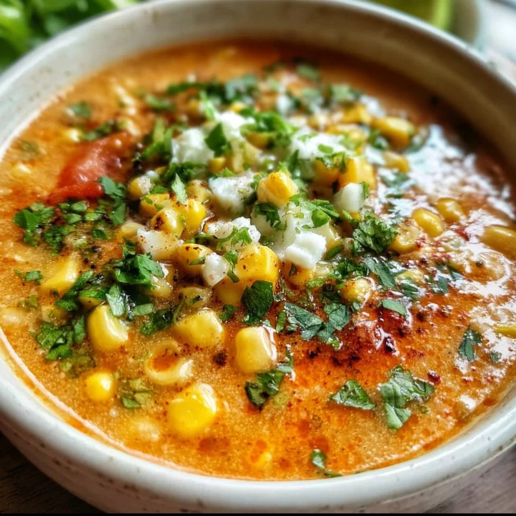 Bowl of creamy Mexican Street Corn Soup garnished with cilantro and lime.