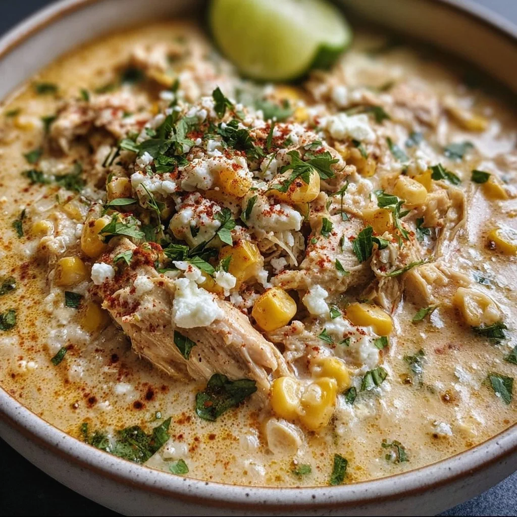 Creamy Mexican Street Corn White Chicken Chili topped with cilantro and lime.