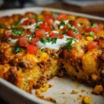 Delicious Mexican Tater Tot Casserole topped with cheese and spices