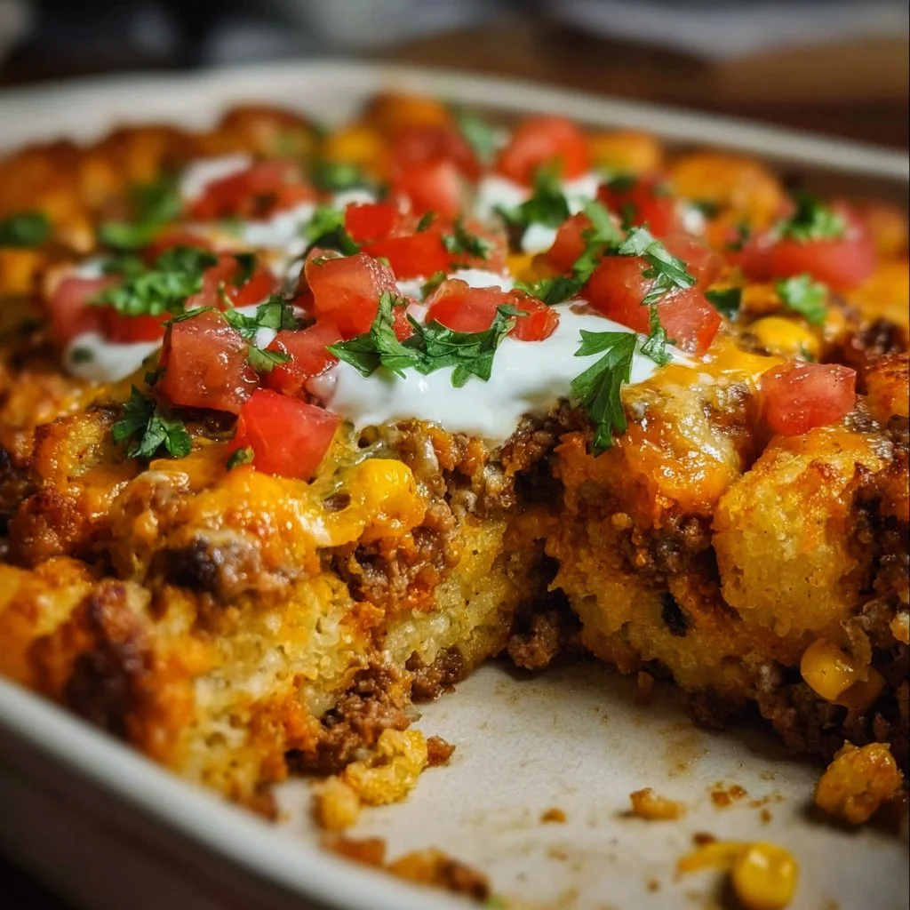 Delicious Mexican Tater Tot Casserole topped with cheese and spices