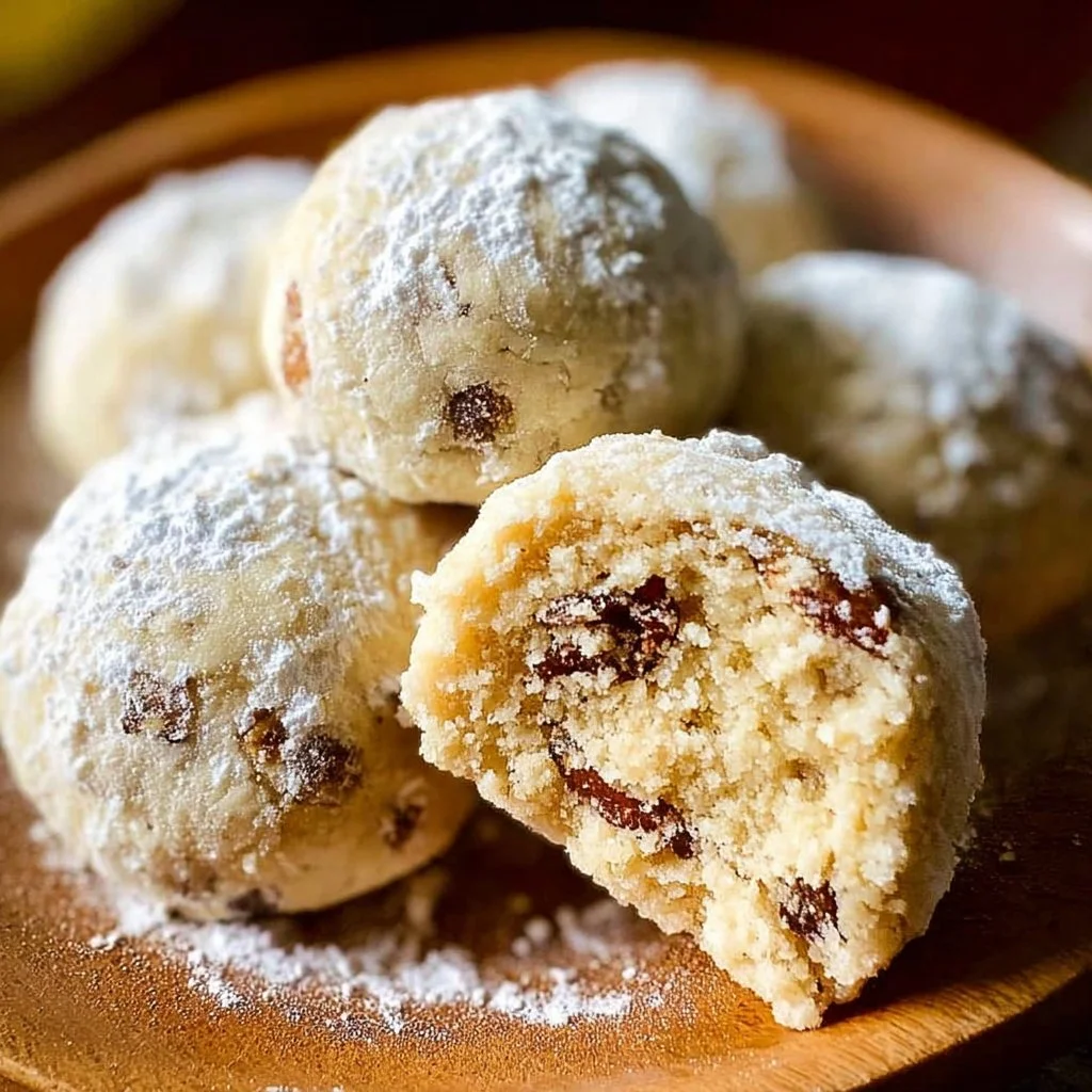 Delicious Mexican Wedding Cookies dusted with powdered sugar on a plate.