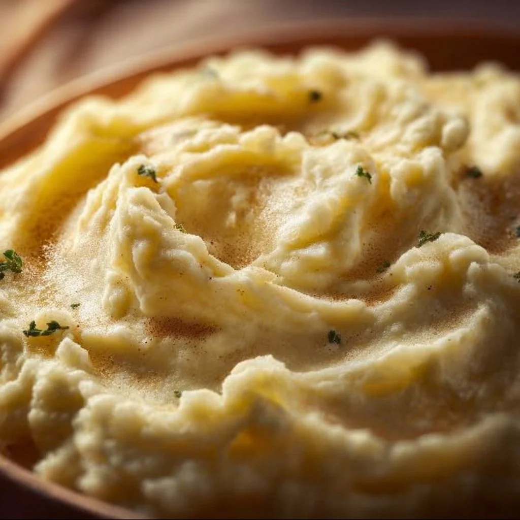 Creamy Million Dollar Mashed Potatoes served in a bowl with herbs on top