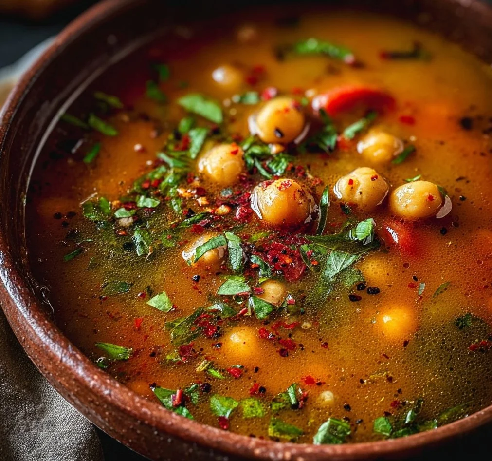 Bowl of Moroccan Chickpea Soup garnished with herbs and spices