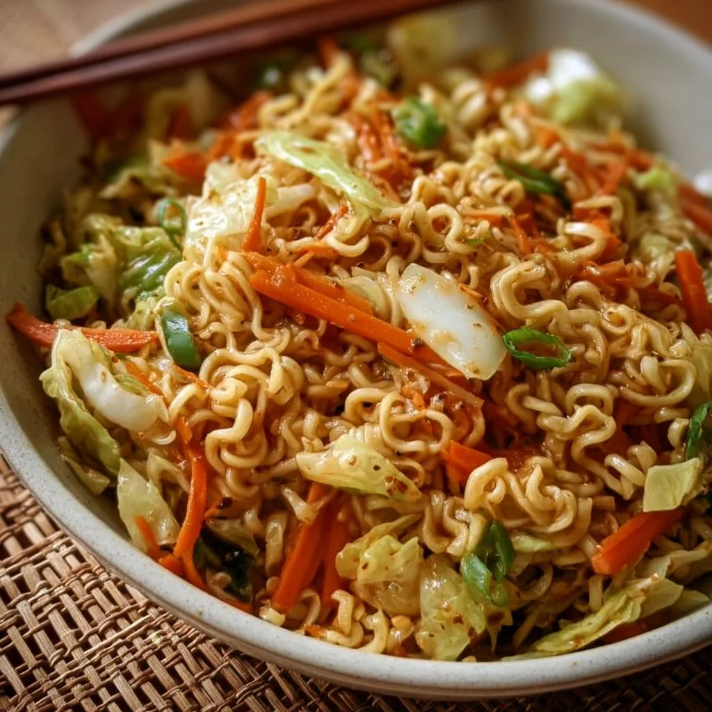 Napa Cabbage Salad with Ramen Noodles and colorful veggies