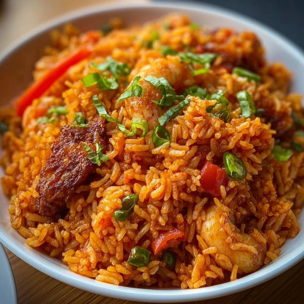 Delicious serving of Nigerian Jollof Rice garnished with vegetables