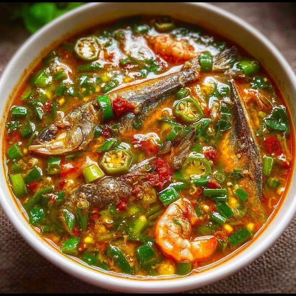 A delicious bowl of Nigerian Okra Soup with smoked mackerel and prawns