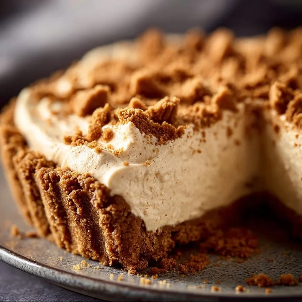 No Bake Biscoff Pie topped with caramel and cookie crumbs
