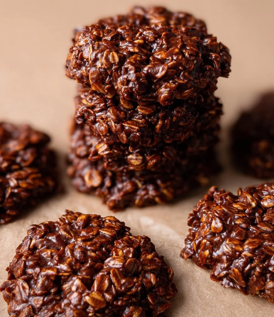No bake chocolate oatmeal cookies ready to enjoy on a plate