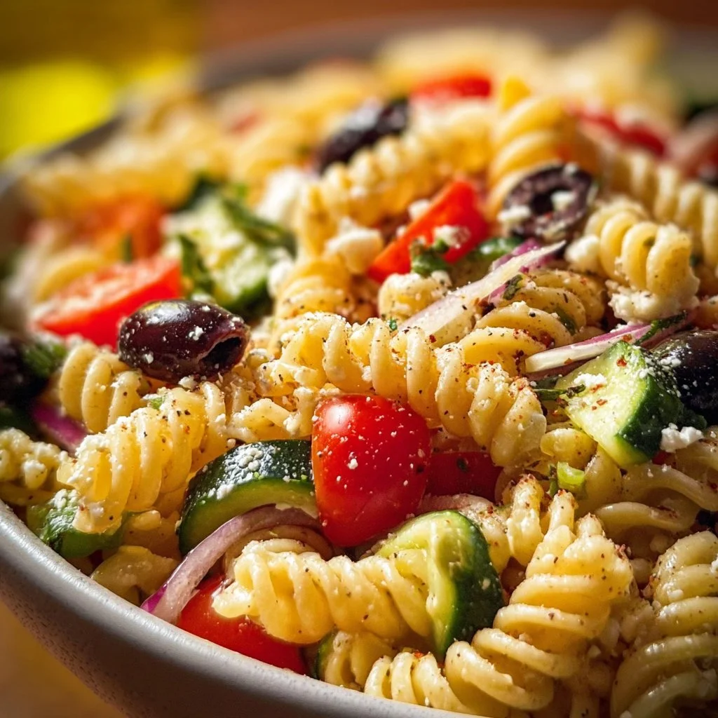 Olive Garden-inspired pasta salad with fresh vegetables and dressing