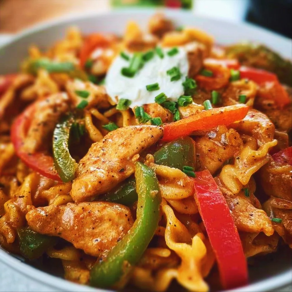 Delicious one-pan chicken fajita pasta with colorful peppers and spices