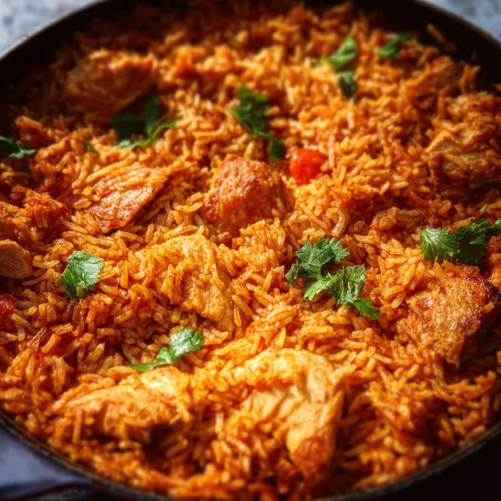 One Pan Mexican Chicken and Rice dish with colorful ingredients