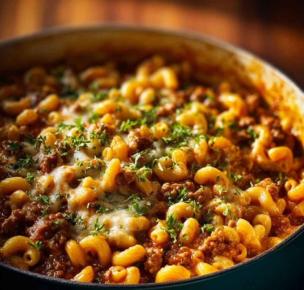 A bowl of creamy one pot chili mac and cheese topped with herbs