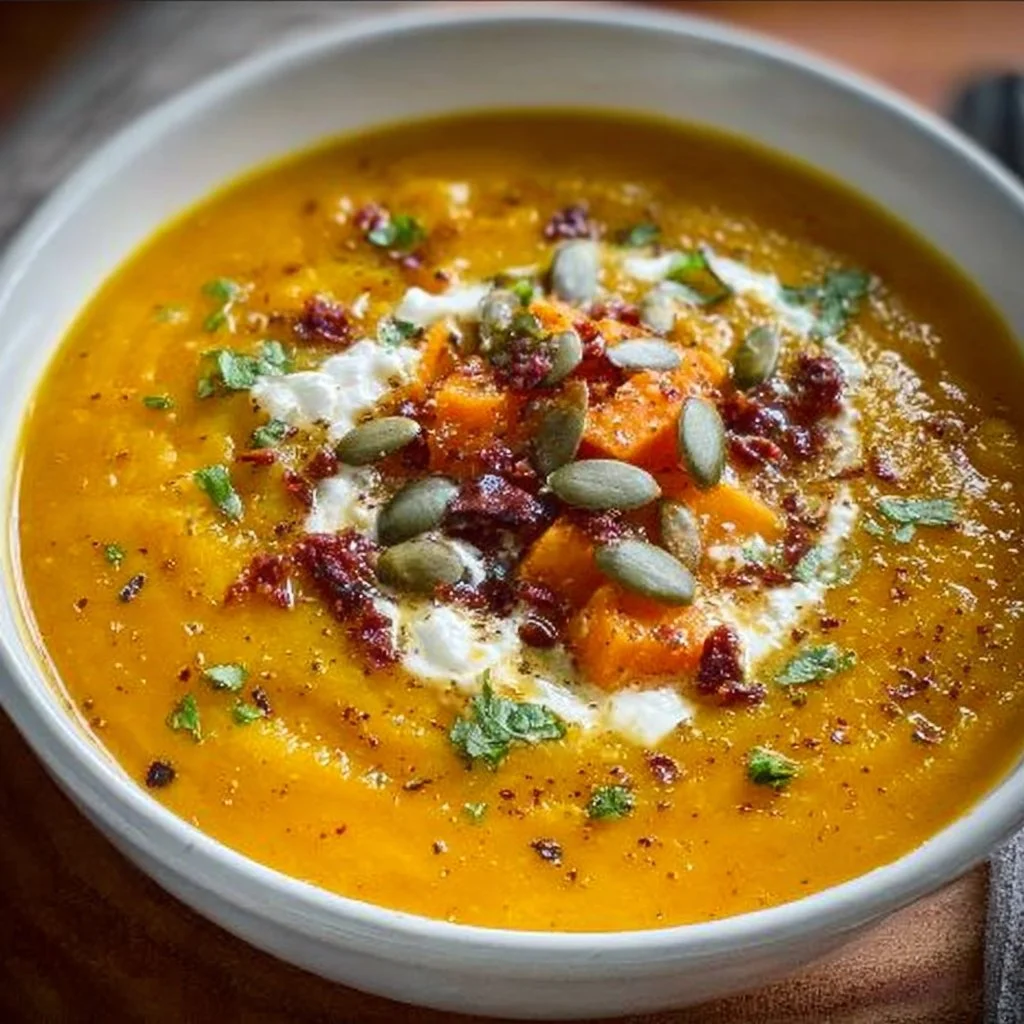 Bowl of savory pumpkin soup with sweet potatoes garnished with herbs.