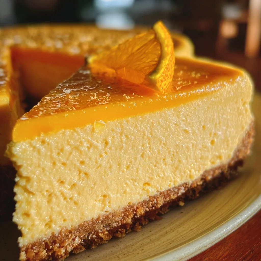Delicious orange cheesecake slice topped with fresh orange zest