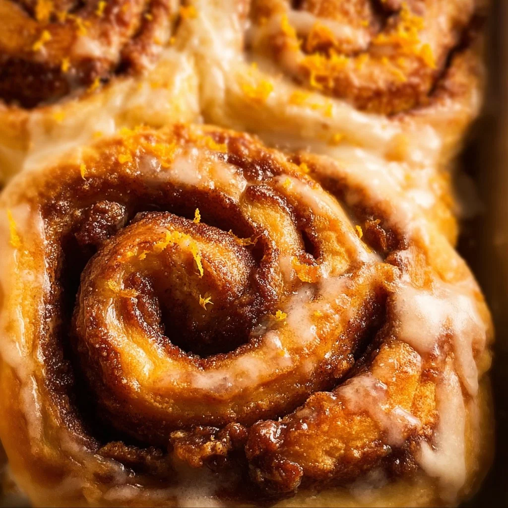 Freshly baked orange cinnamon rolls topped with glaze on a cooling rack