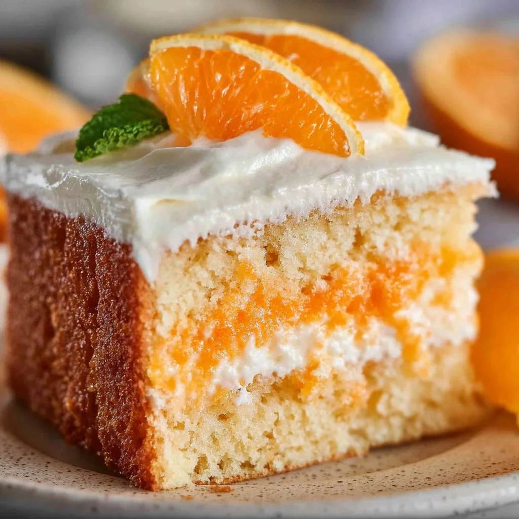Delicious Orange Creamsicle Cake with orange frosting and cream filling.