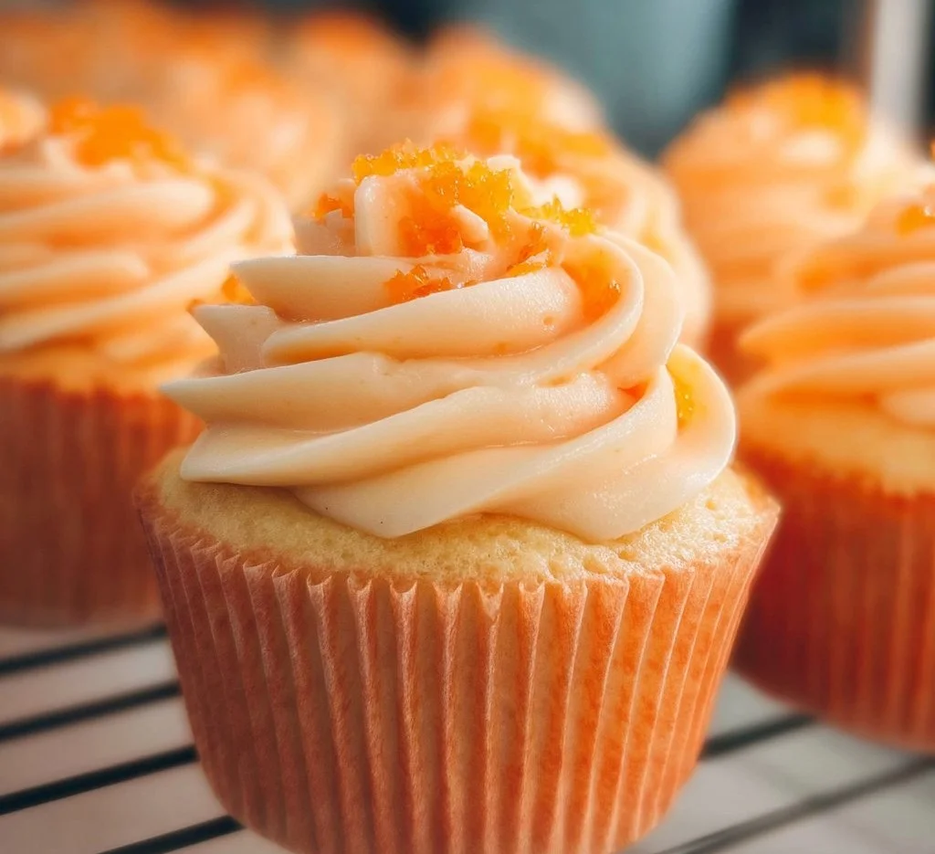 Delicious orange cupcakes with creamy frosting and orange zest decoration