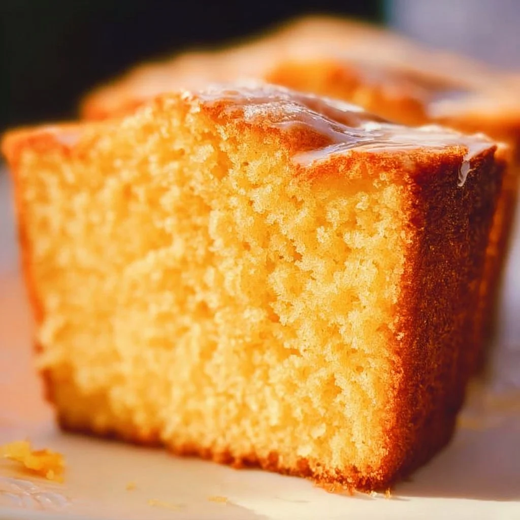 Delicious slice of orange pound cake with citrus glaze on a white plate.
