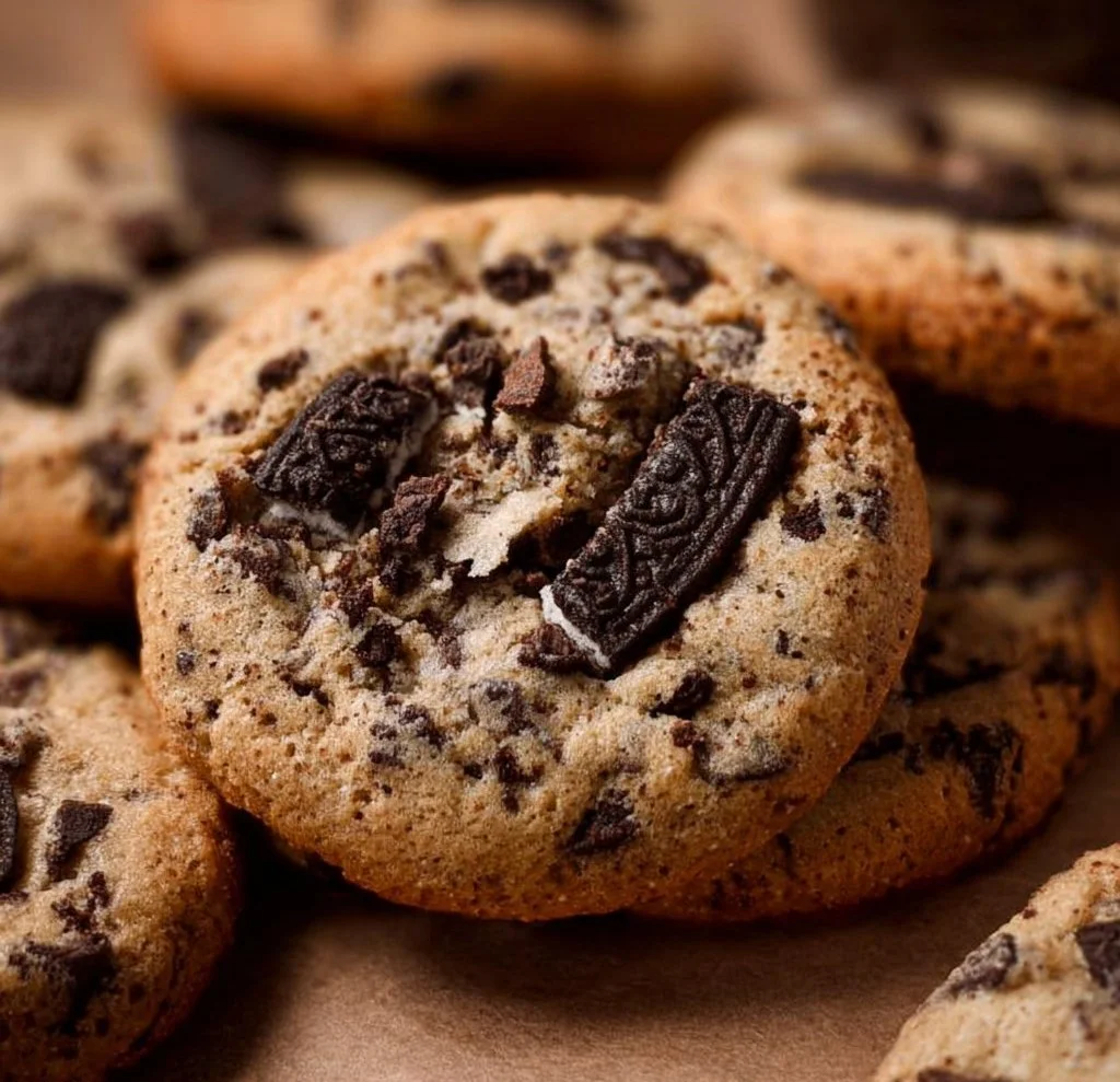 Oreo chocolate chip cookies stacked on a plate
