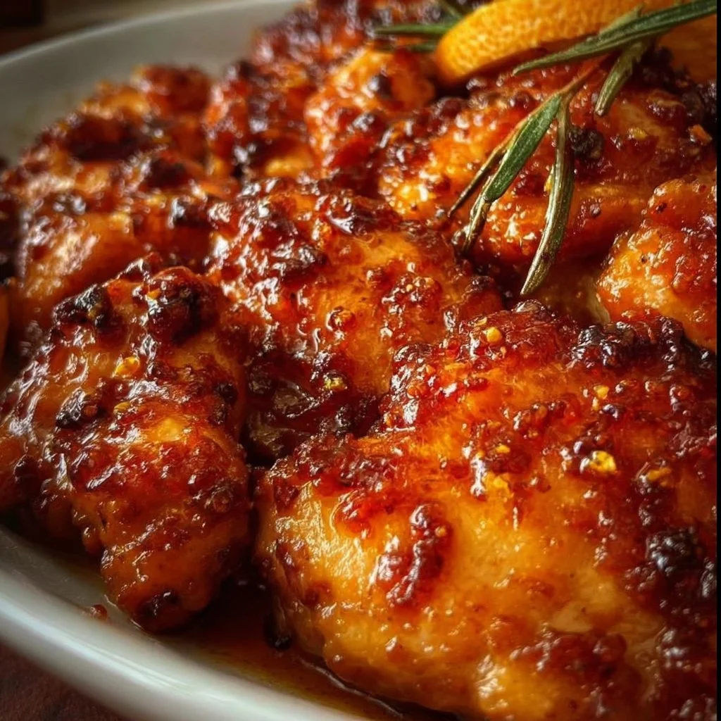 Oven-roasted citrus chicken garnished with fresh herbs and citrus slices.