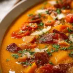 A colorful bowl of oven sheet pan soup with fresh vegetables and herbs.