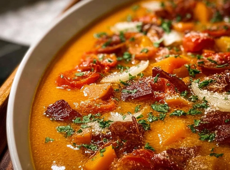 A colorful bowl of oven sheet pan soup with fresh vegetables and herbs.