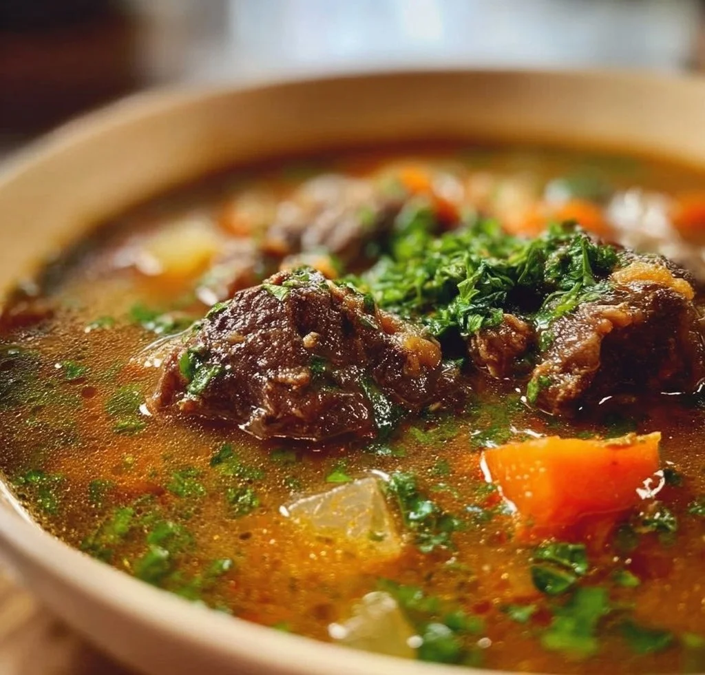 Delicious bowl of oxtail soup with vegetables and herbs