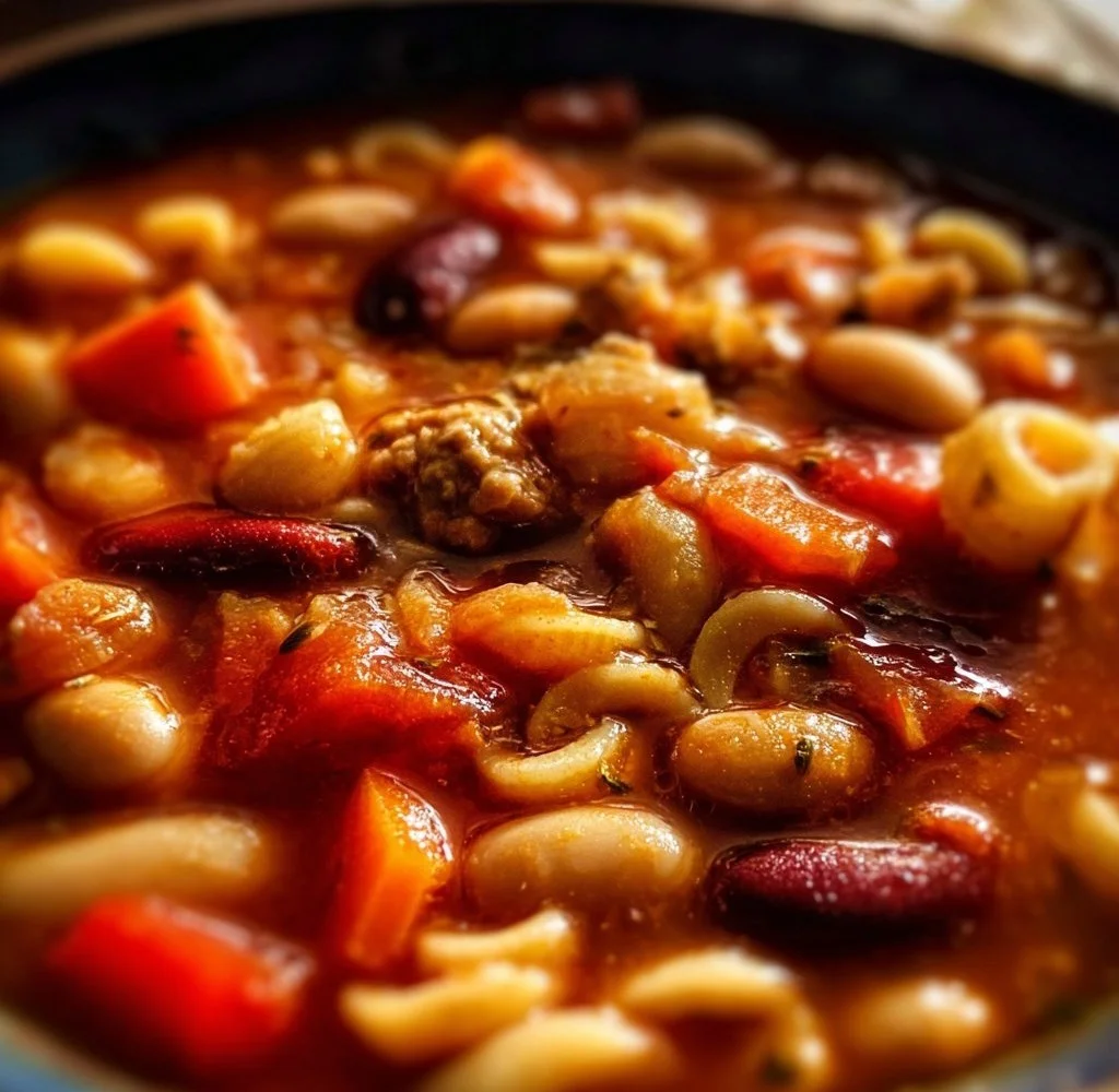 Delicious bowl of Pasta and Beans Soup with fresh herbs and a sprinkle of cheese
