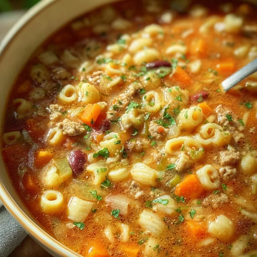 Bowl of Pasta and Beans Soup garnished with herbs and spices