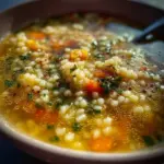 Delicious bowl of pastina soup with herbs and vegetables