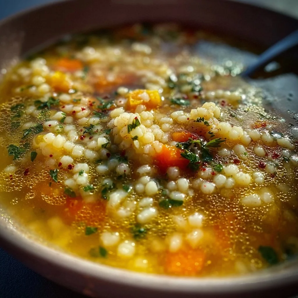 Delicious bowl of pastina soup with herbs and vegetables