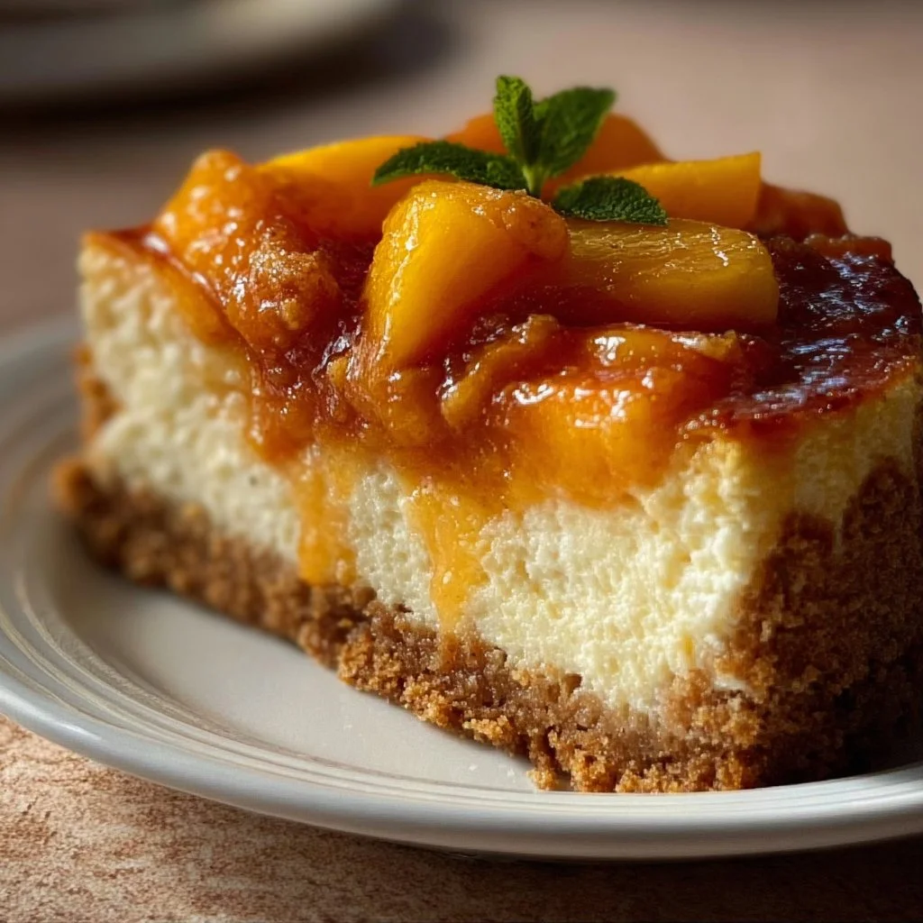 Slice of Peach Cobbler Cheesecake with peach slices and crumb topping