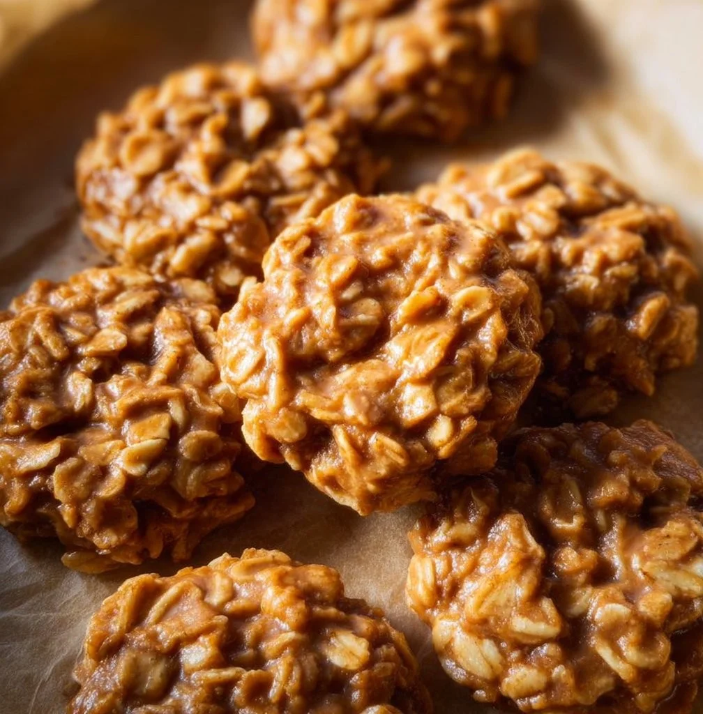 Delicious Peanut Butter No Bake Oatmeal Cookies on a wooden table