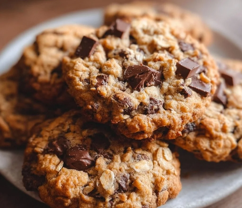 Peanut butter oatmeal chocolate chip cookies on a rustic wooden table
