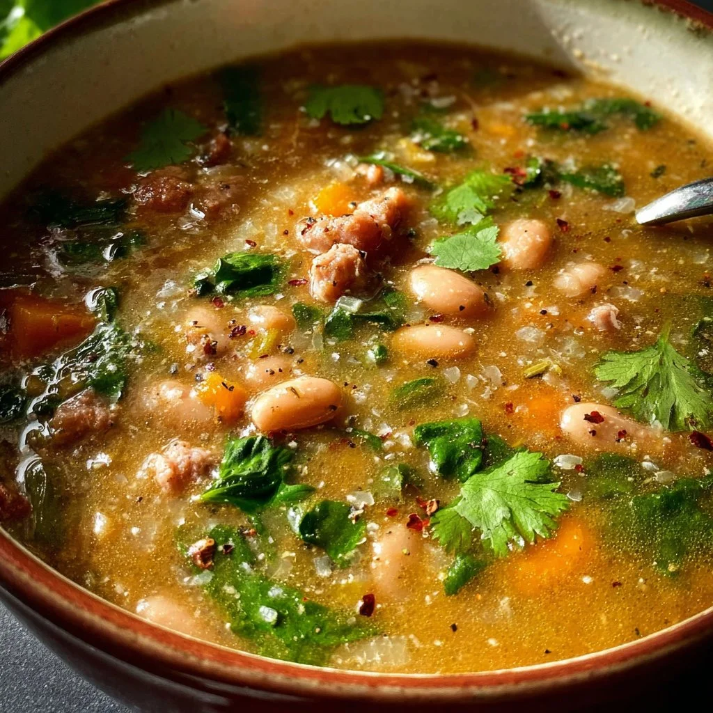 Delicious bowl of homemade Pinto Bean Soup garnished with herbs