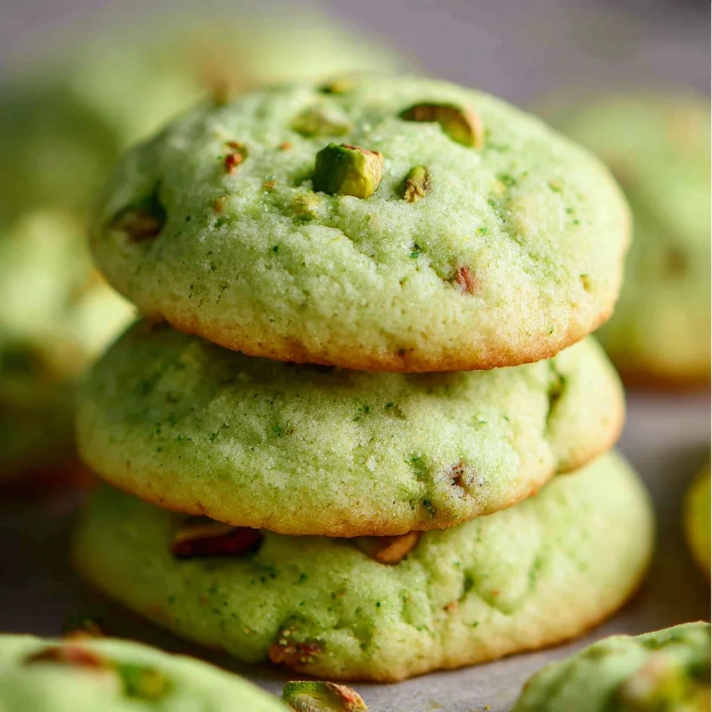 Baked pistachio pudding cookies on a plate, showcasing their vibrant green color.