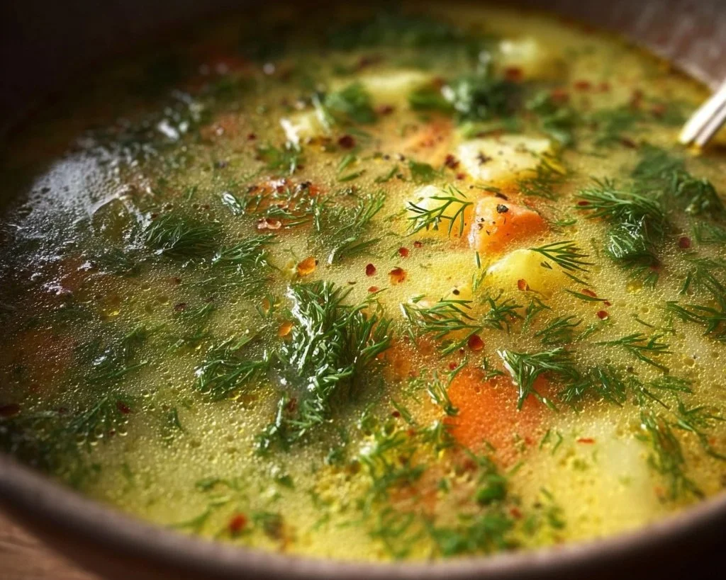 Bowl of delicious Polish Dill Soup garnished with fresh dill and served warm.