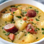 Bowl of hearty Potato Kielbasa Soup with potatoes and sausage