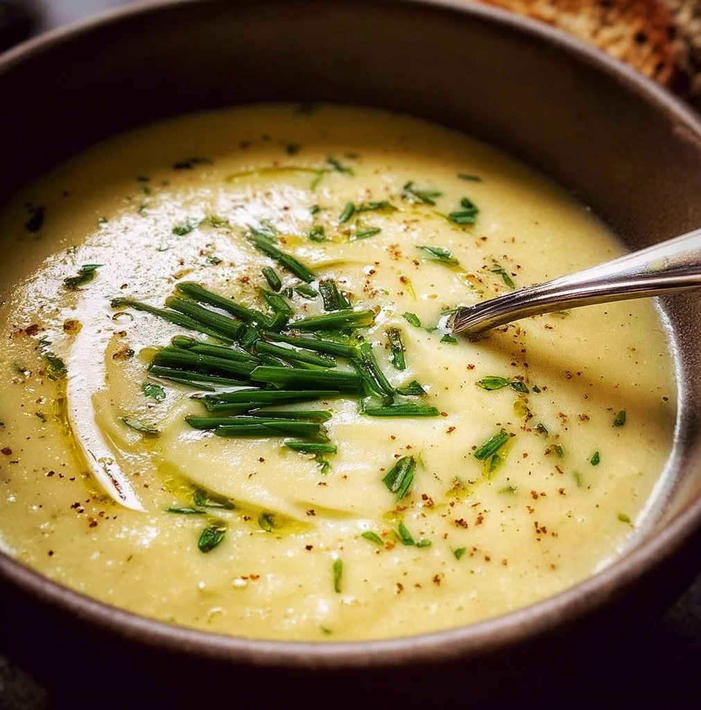 A delicious bowl of creamy Potato Leek Soup garnished with fresh herbs
