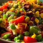 A colorful potluck salad with vegetables and dressing for gatherings
