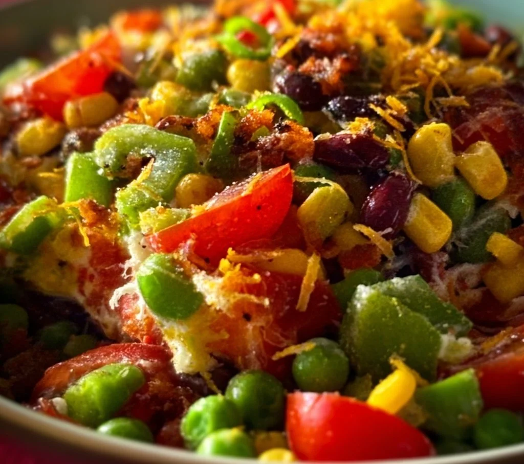 A colorful potluck salad with vegetables and dressing for gatherings