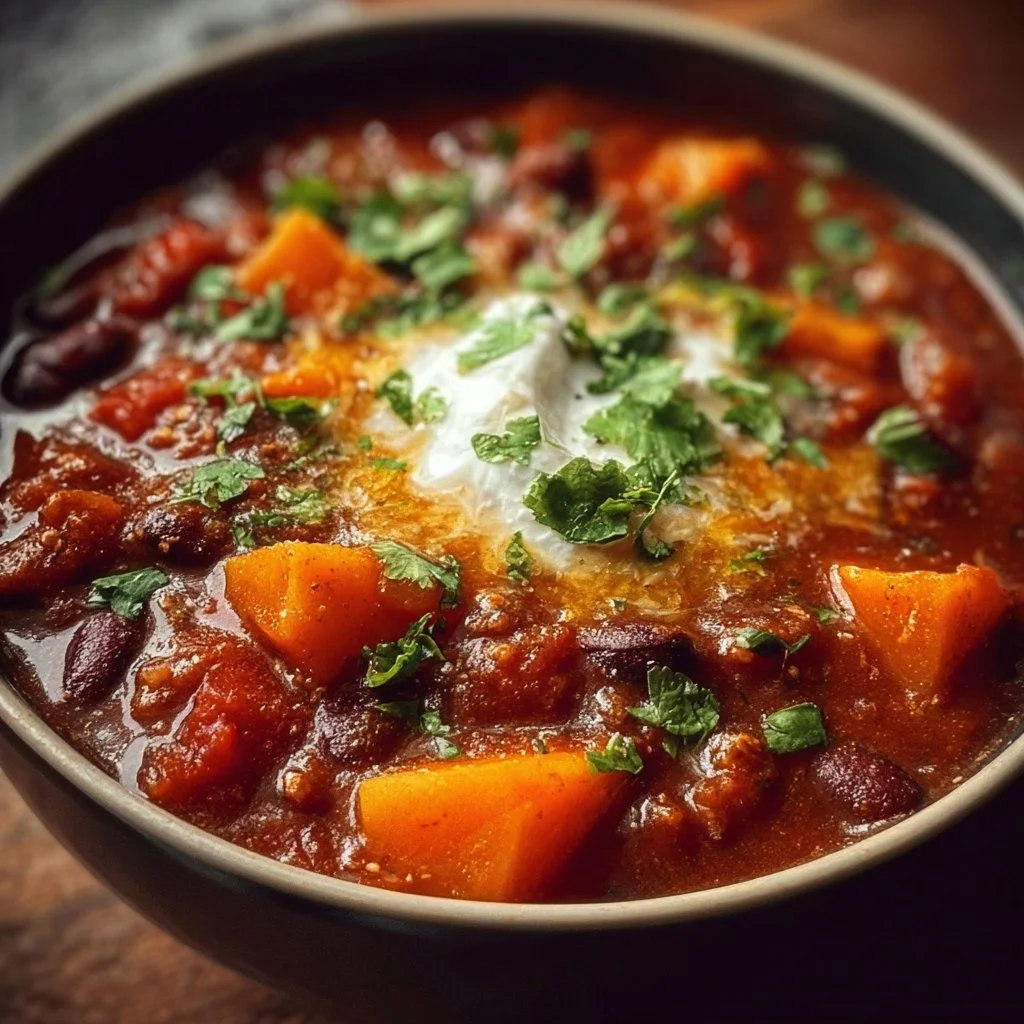 Bowl of pumpkin chili topped with cilantro and avocado, showcasing a fall dish.
